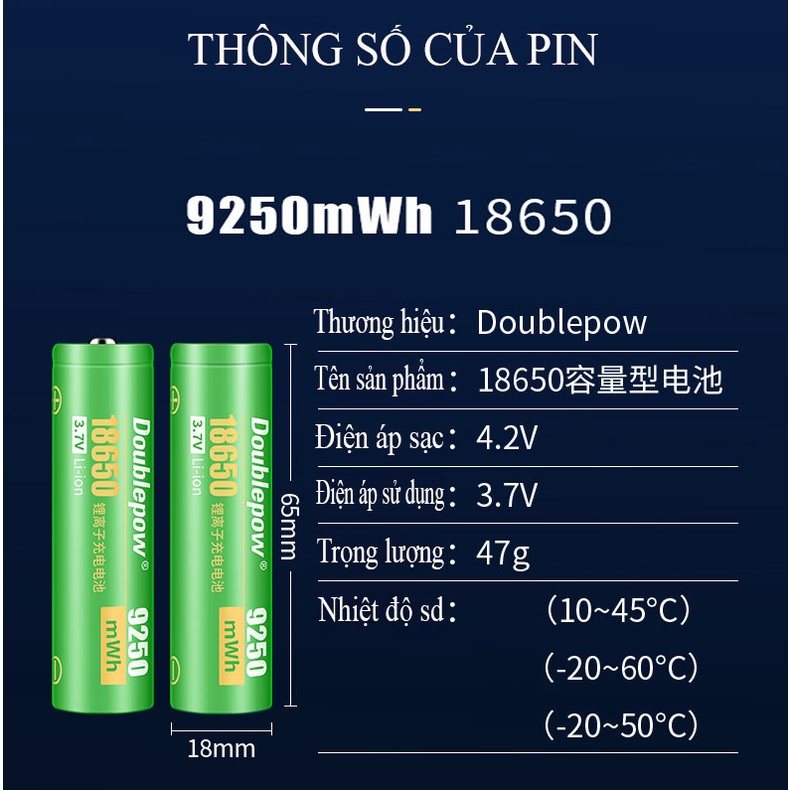 Pin 18650 sạc lại Doublepow 9250mWh - Pin Lithium dung lượng cao