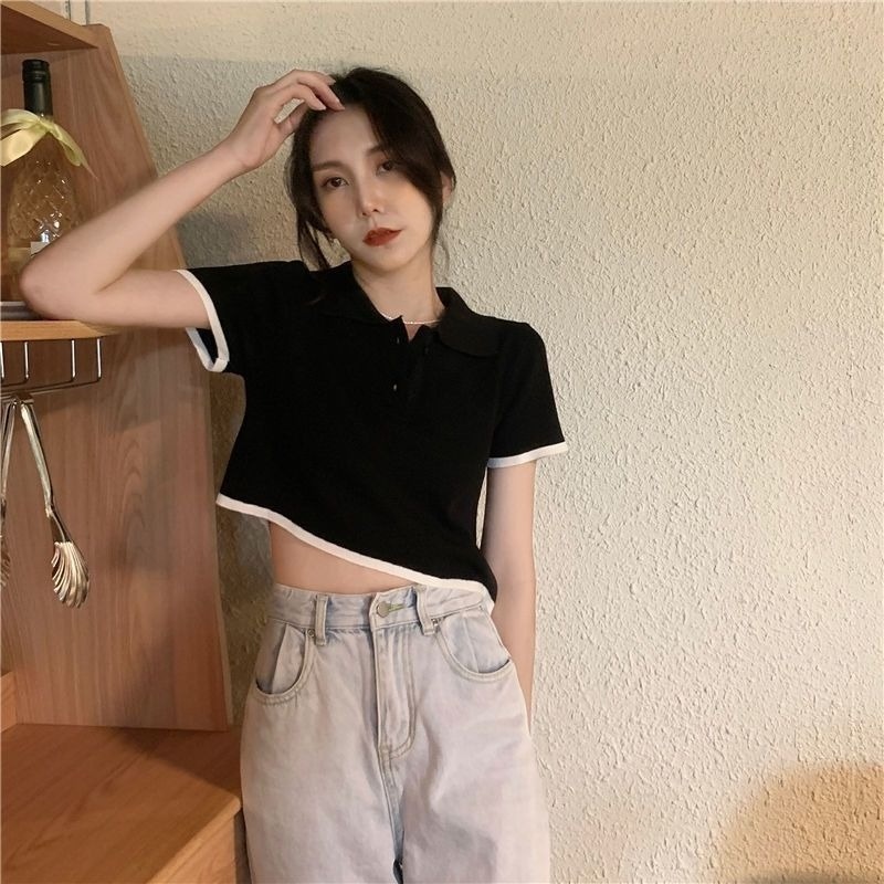 Áo polo Mỏng Tay Ngắn Màu Đen Thời Trang Mùa Hè Dành Cho Nữ