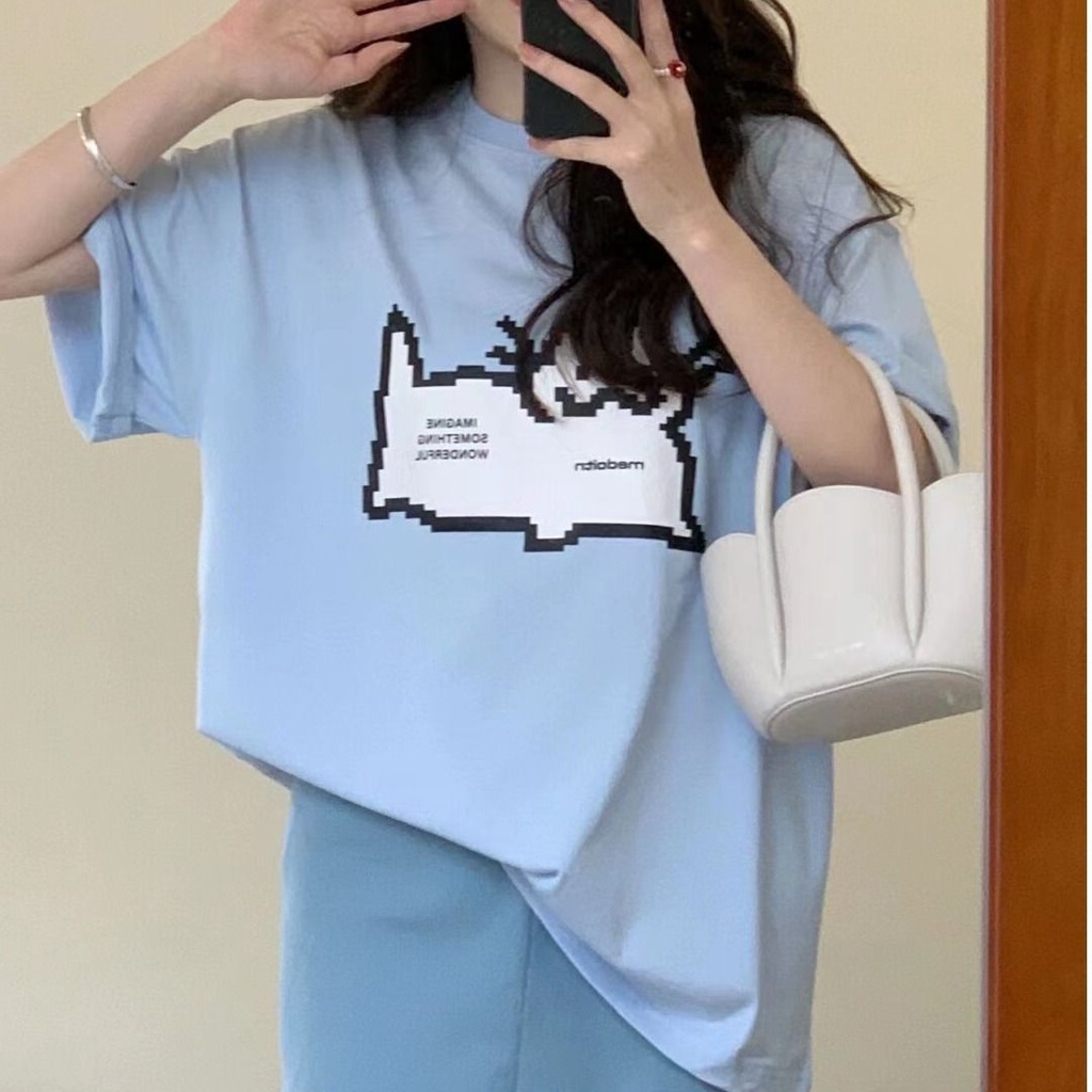 Áo Thun Tay Ngắn Cổ Tròn Dáng Rộng Vải Cotton In Họa Tiết Hoạt Hình Thời Trang Mùa Hè Cho Nữ