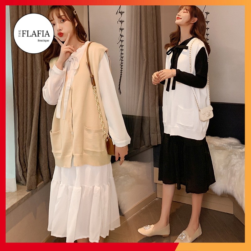 Đầm nữ nơ ngực siêu dễ thương Đũi mềm - Váy nữ tay bồng dáng suông 2 màu siêu đẹp