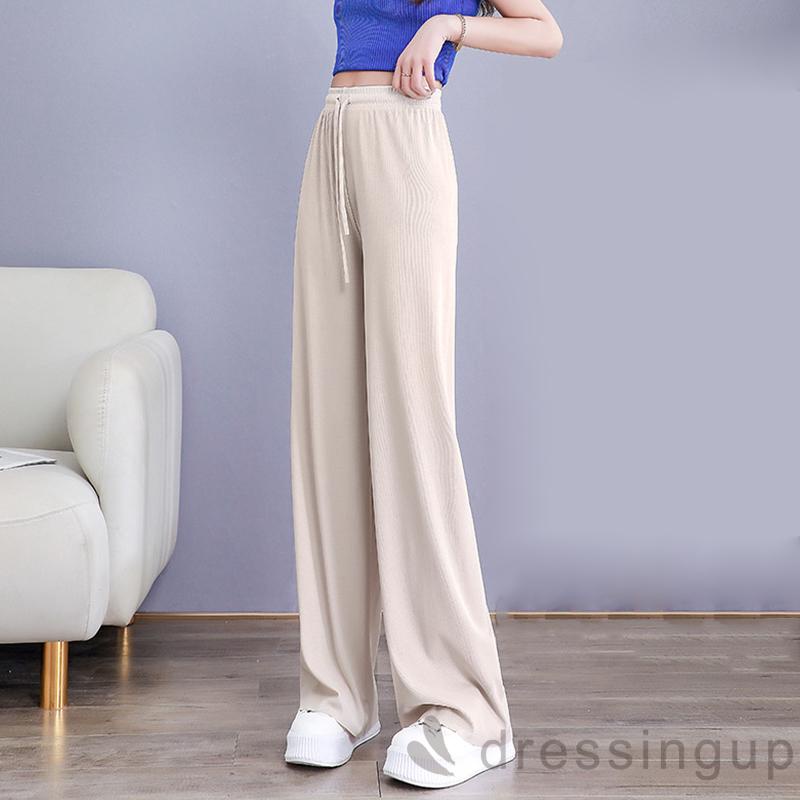 Quần Dài Lưng Cao Ống Rộng Màu Trơn Phối Dây Rút Thời Trang Cho Nữ