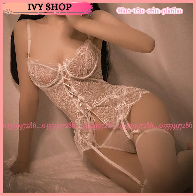 Bộ đồ ngủ bodysuit ren sexy liền kẹp tất - Corset ren có gọng mã GC001 - đen trắng (không tất)