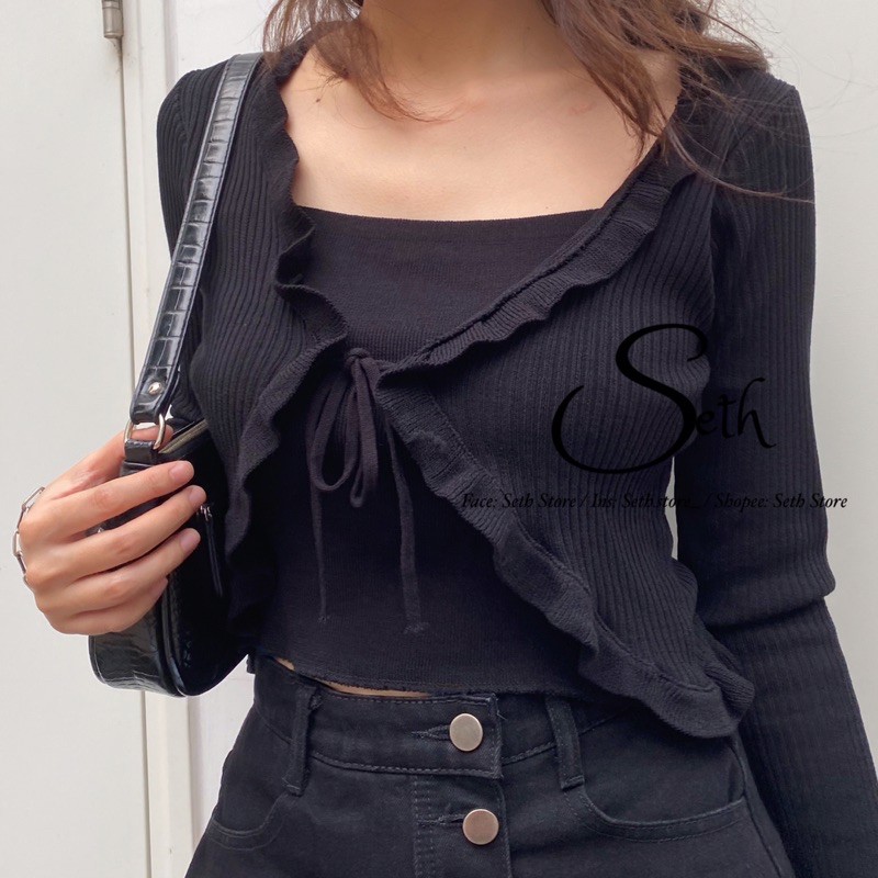 Áo Croptop Dài Tay Cách Điệu Hai Lớp Len Tăm Mềm Mại SAC08