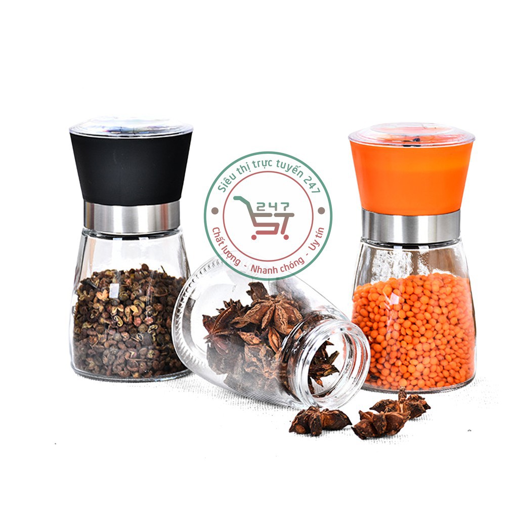 Cối xay tiêu đựng gia vị cầm tay bằng thủy tinh tiện dụng với điều chỉnh được độ nhuyễn