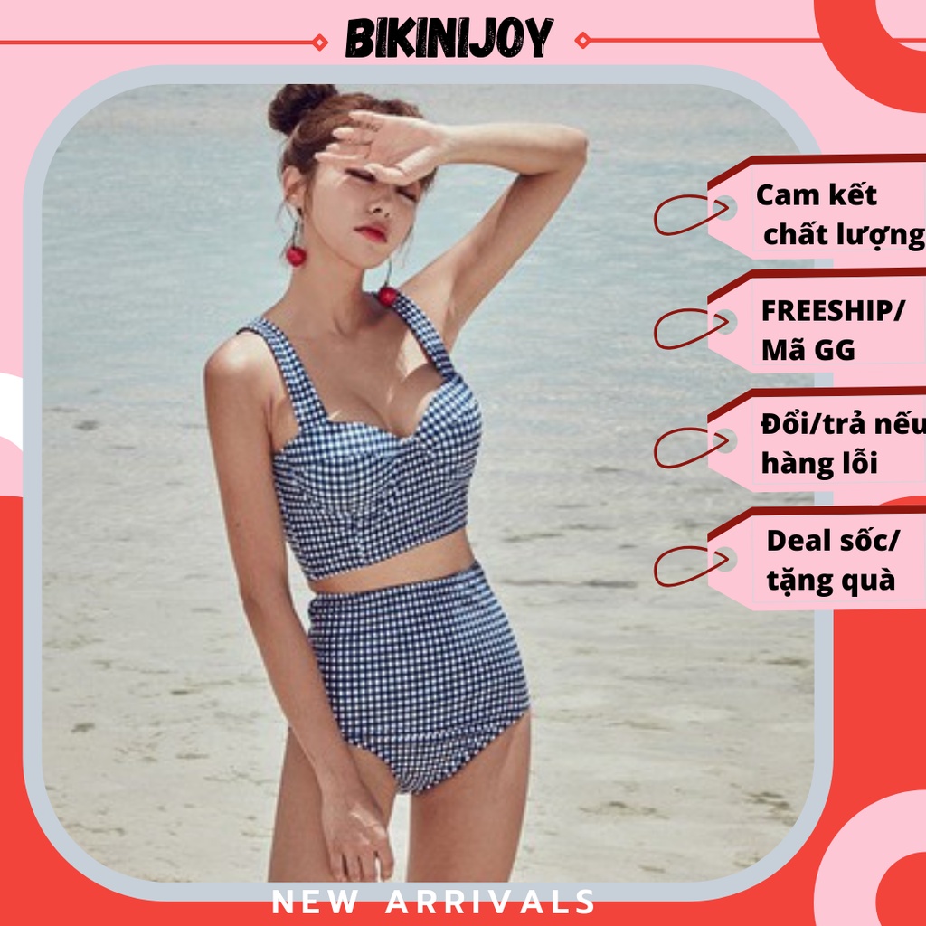 Bikini nữ thời trang, kiểu phân mảnh, họa tiết kẻ caro, mẫu Hàn