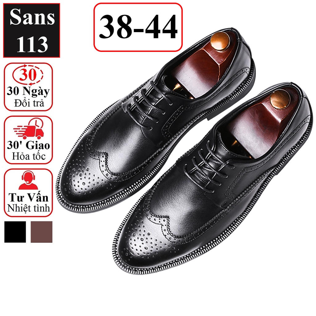 Giày oxford nam da bò thật cao cấp Sans113 giầy tây công sở đen nâu mũi tròn âu buộc dây chú rể cưới derby wingtip