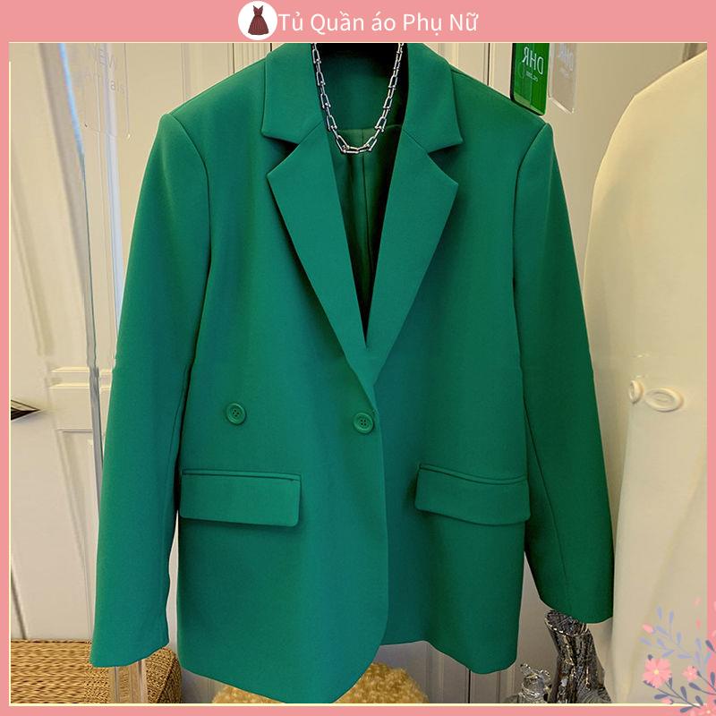 Đồ Bộ Bigsize Trang Áo Khoác Blazer Mỏng Vừa Vặn Màu Xanh Lá Cài Nút Trang Trí Thời Trang Xuân Thu 2022 Mới Cho Nữ