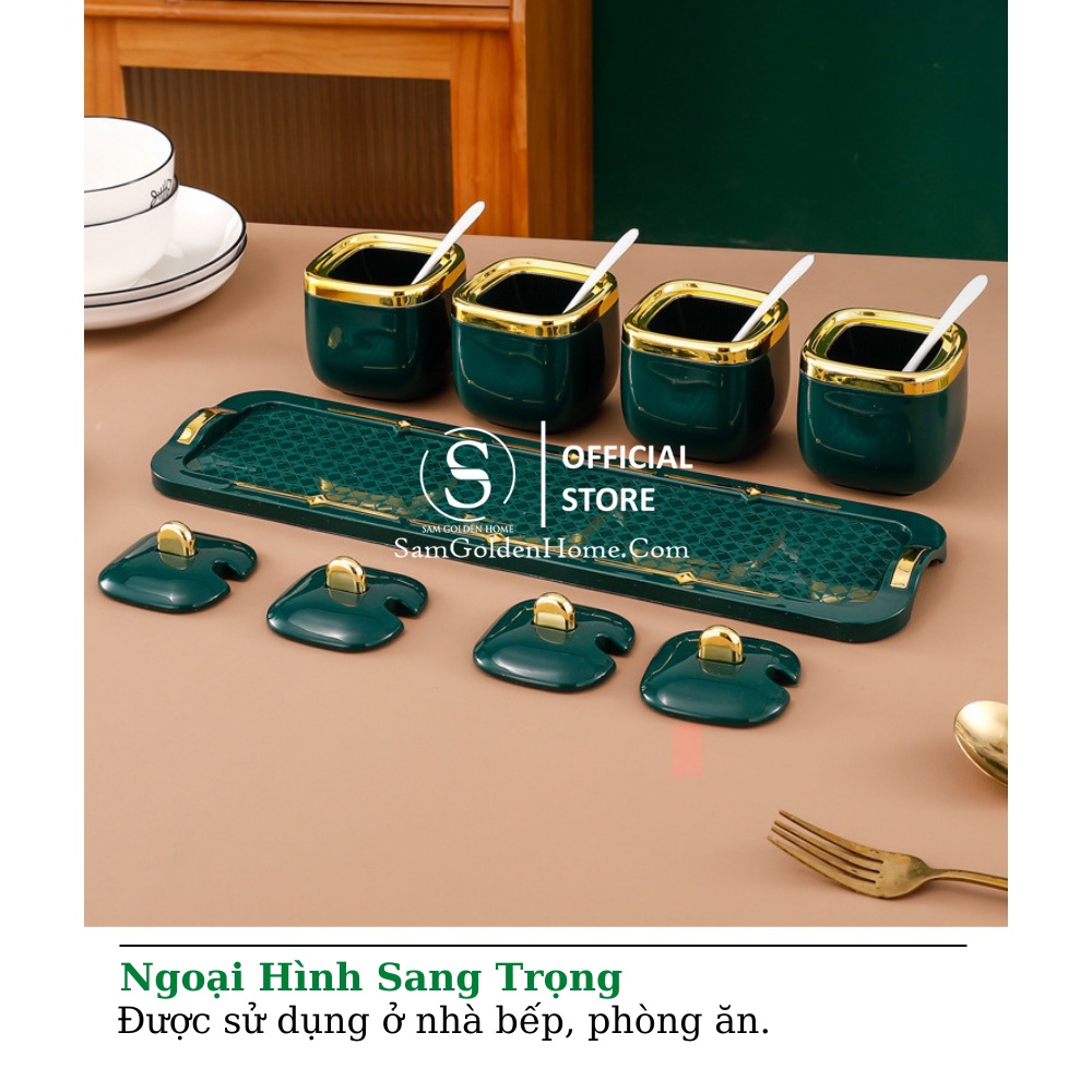 Bộ Hủ Đựng Gia Vị 3 Màu Phong Cách Bắc Âu Mạ Vàng Kèm Khay Sứ Để Bàn Sang Trọng