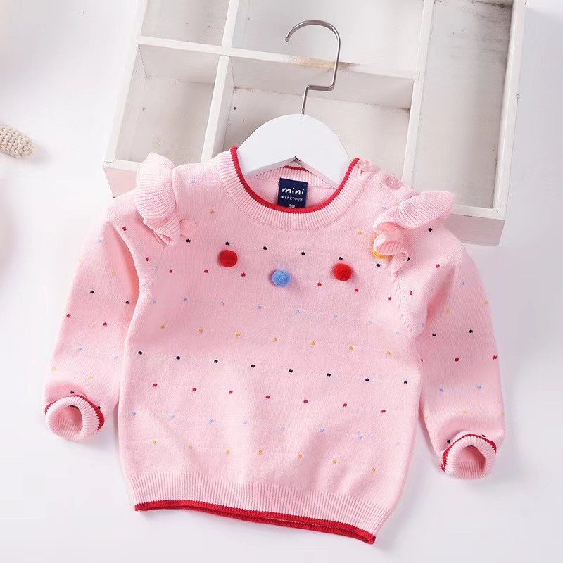 Áo len bé gái xuất Hàn 1-6 tuổi diềm vai đính quả, Áo len cho bé phong cách Hàn Quốc đanh sợi không bai xù