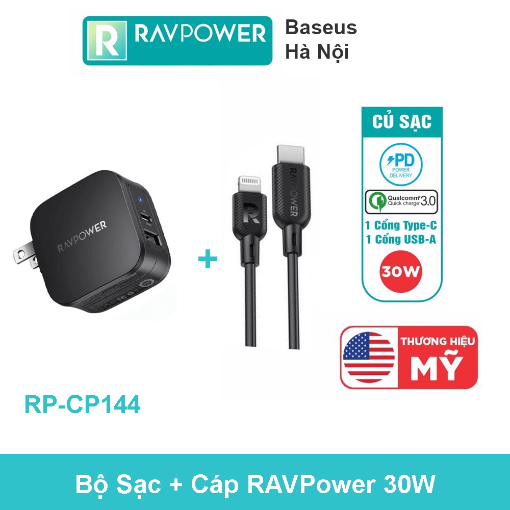 Củ Sạc RAVPower 30W 2 Cổng (USB 15W + Type C 30W Max ) GanTech RP-PC144