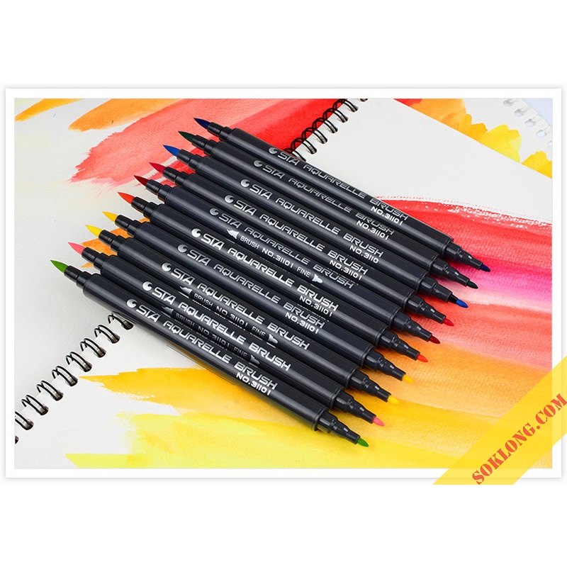 Bộ 12 bút brush 2 đầu gồm ngòi lông mềm + ngòi fine B01 Tuệ Minh