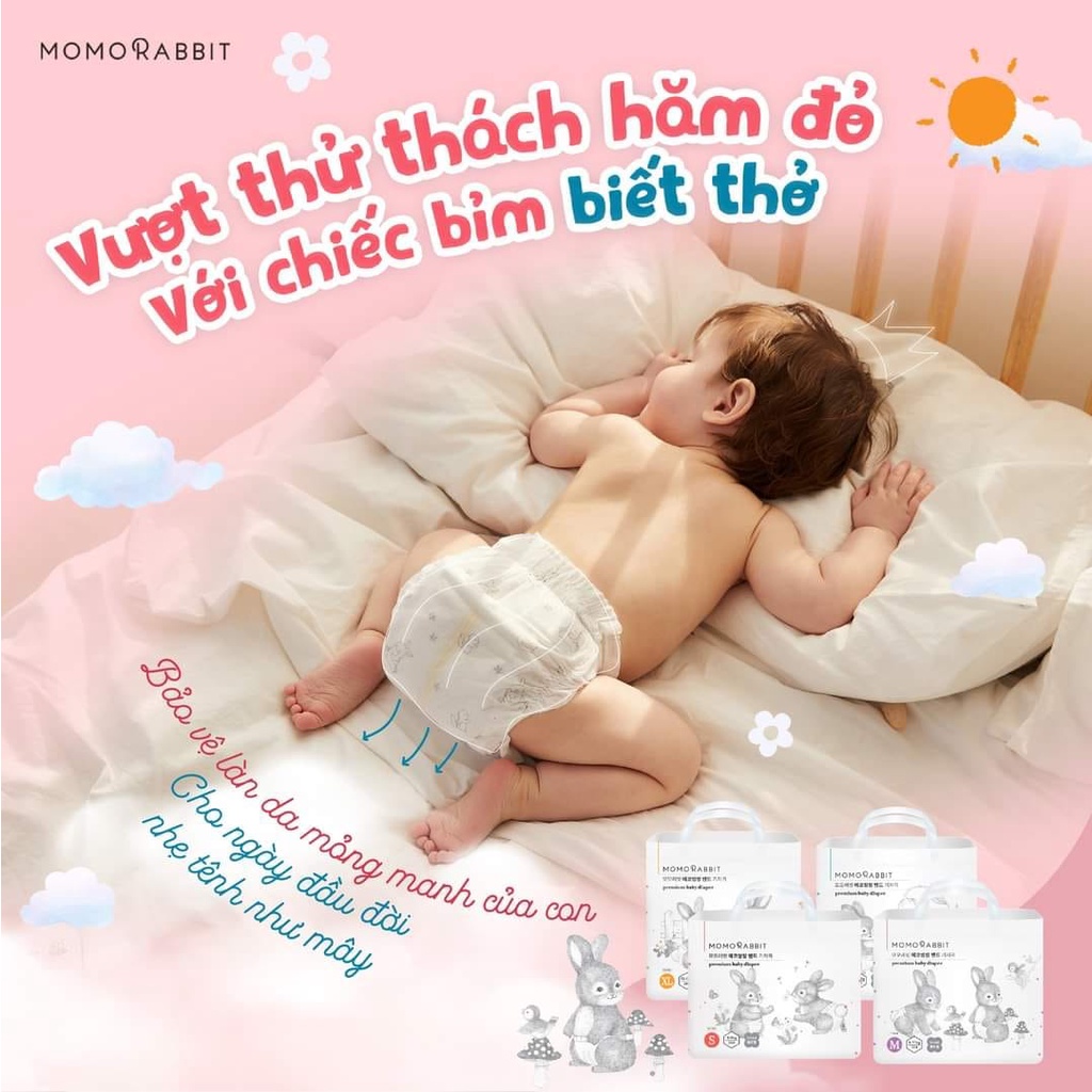 Tã dán cho bé MOMO RABBIT S36d M32d L30d XL28d, bỉm quần siêu mỏng L28q XL22q XXL18q