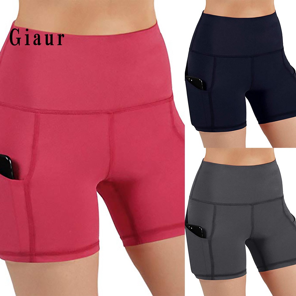 GIAUR  Sports Women High Waist Yoga Shorts Gym Running Skinny Short Pants with Pocket