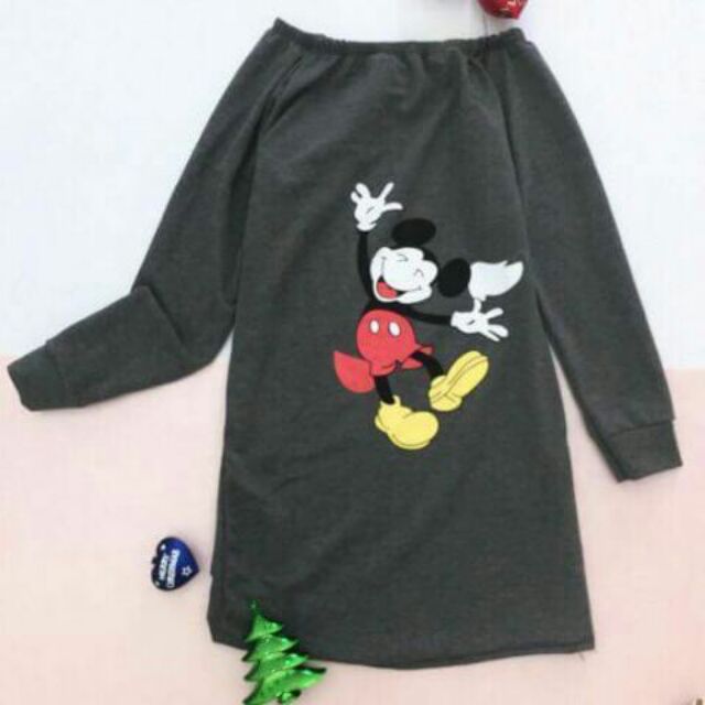 Áo đầm suông lệch vai in hình chuột Mickey