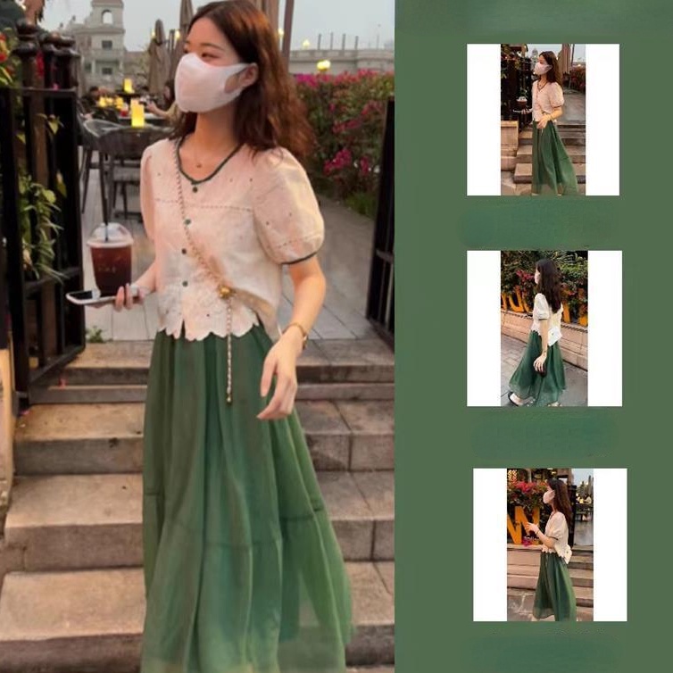 Set Áo Sơ Mi Tay Phồng + Chân Váy Màu Xanh Lá Thiết Kế Mới Đơn Giản Thời Trang Dành Cho Nữ