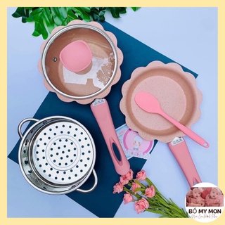 Bộ nồi chảo cho bé ăn dặm kèm xửng hấp, Bộ nồi nấu hoa đá cao cấp, bộ nồi đá quấy bột