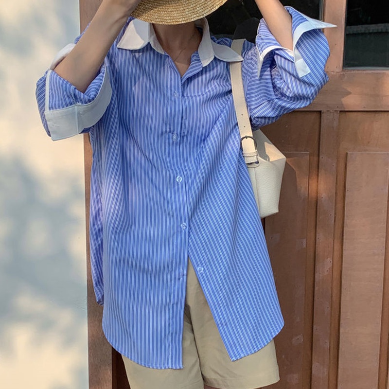 Áo Sơ Mi Tay Dài Họa Tiết Sọc Thời Trang Phong Cách Retro Cho Nữ