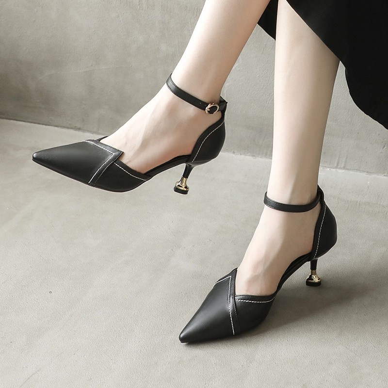 6cm high-heeled soft leather sandals pointed toe women's shoes casual professional outer wear solid color non-slip