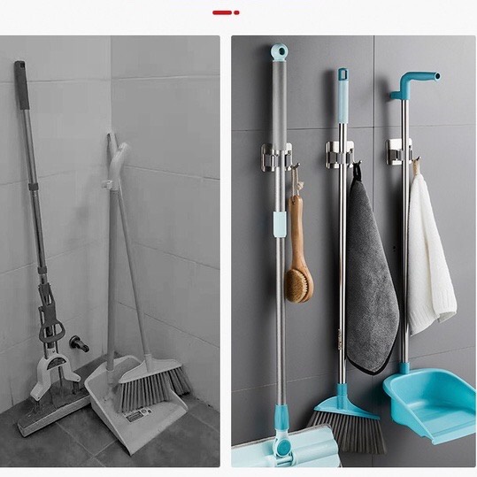 Móc treo chổi, cây lau nhà Inox - Móc treo vòi sen, cọ chà toilet không cần khoan tường