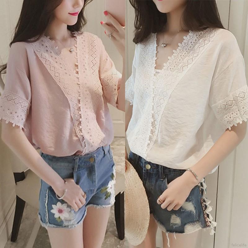 Áo nữ ngắn tay cổ V viền ren màu trơn thời trang nữ