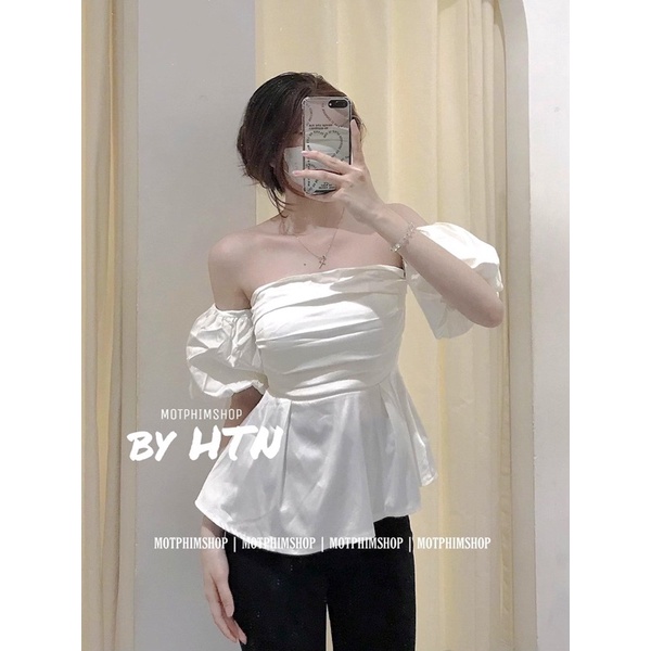 Áo peplum trắng nhún ngực bẹt vai tay phồng