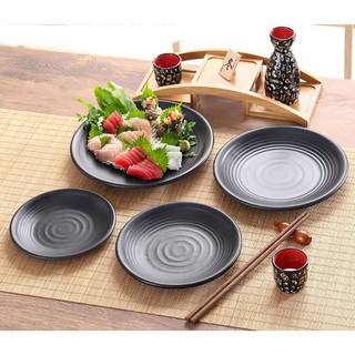 [Mẫu Mới]Đĩa Ăn Nhựa Màu Đen Tròn Để Bàn Có Vân Tròn Nhựa Melamine Kiểu Hàn Quốc ĐK20cm LJP008