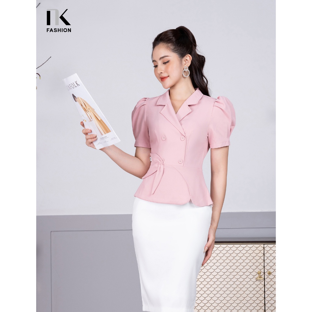 Áo Sơ Mi Nữ NK Fashion Thiết Kế Giao Cúc Cổ Vest Kết Hợp Tay Bồng Chiết Eo, Chất Liệu Nhập Hàn Cao Cấp NKSM2205003