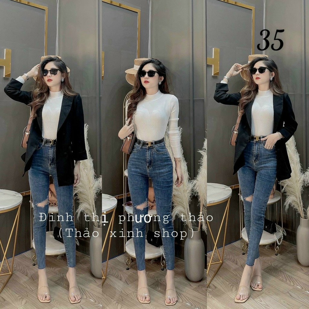 Quần jean dài 2 nút kiểu rách nhẹ gối cực xinh , chất jean co giãn mềm mịn