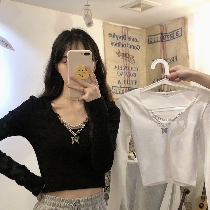 Áo Thun Ngắn Tay Dài Màu Đen Phối Dây Xích Phong Cách Hàn Quốc Cho Nữ