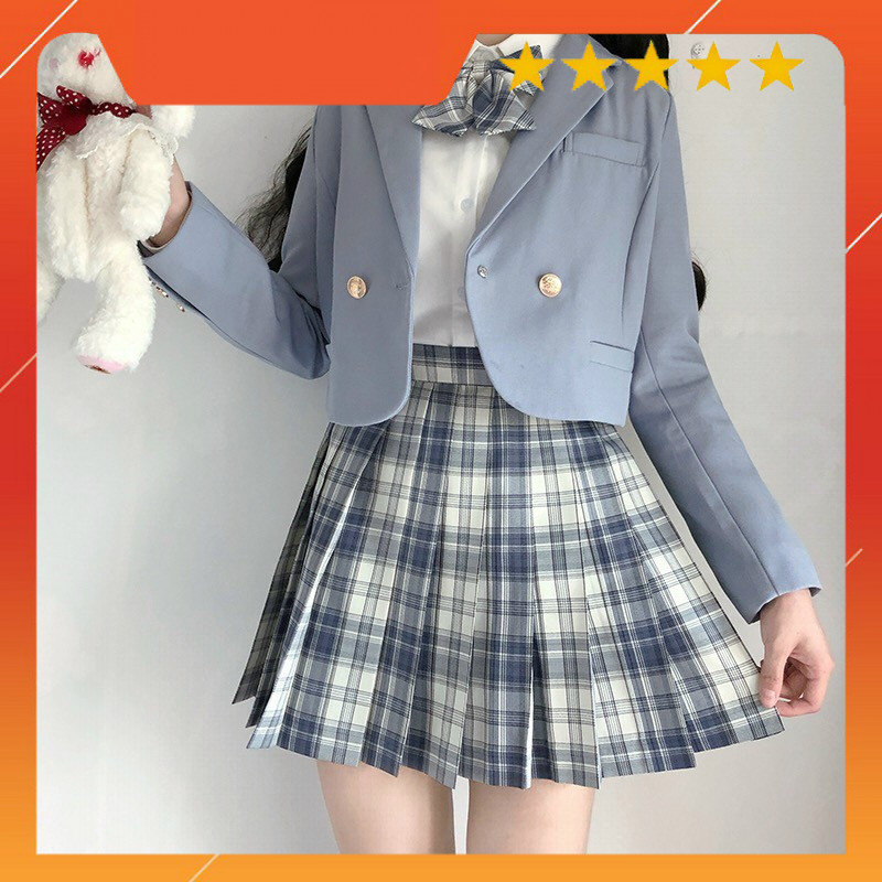 Set áo vest và chân váy caro kèm dây buộc nơ - SẴN HÀNG
