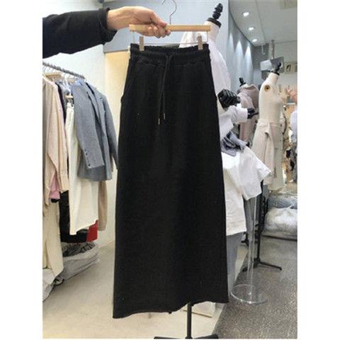 Honypove Chân váy Cotton lưng thun màu trơn phối dây rút thời trang xuân thu 2022
