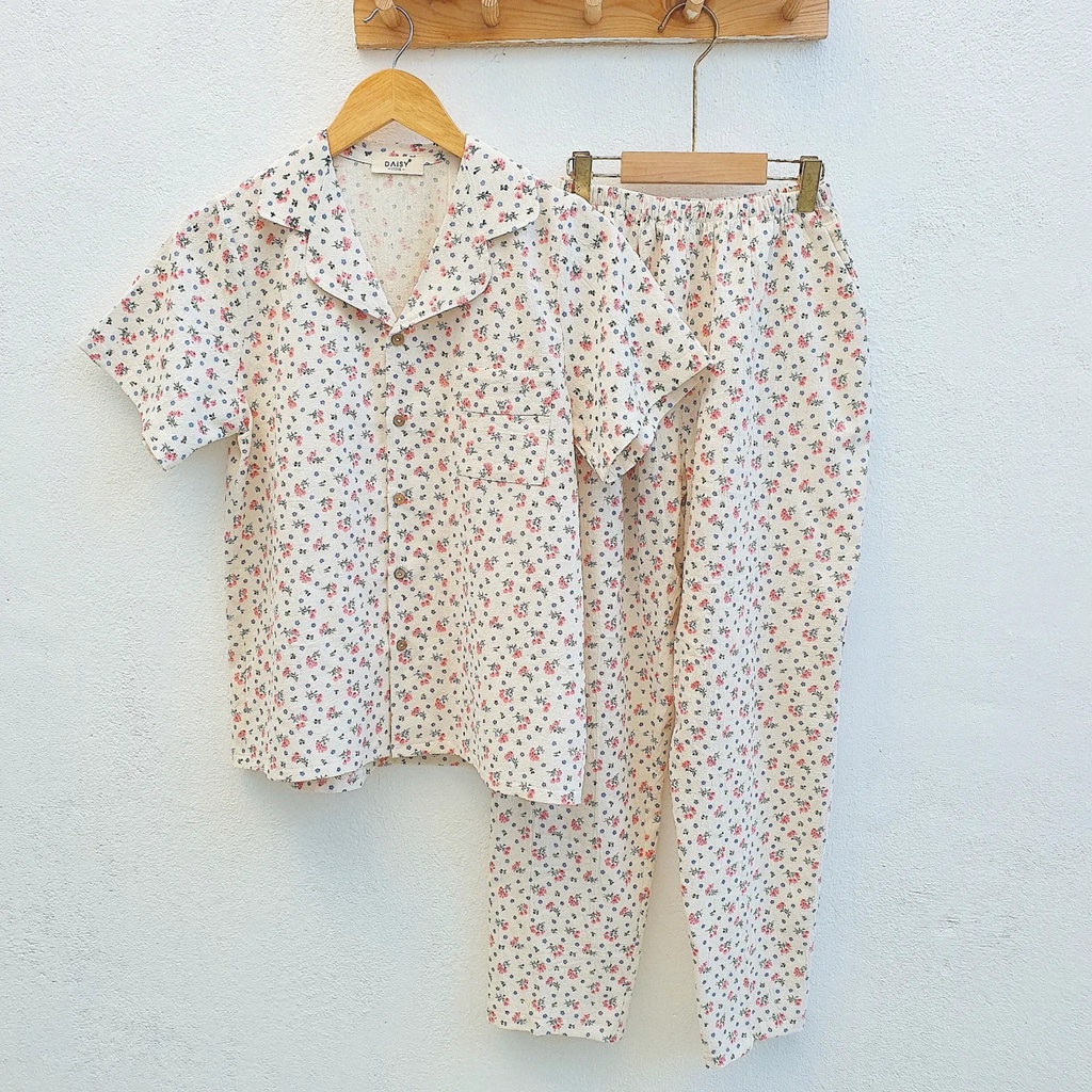 Pyjama mặc nhà thô đũi cara hoa nhí đa sắc