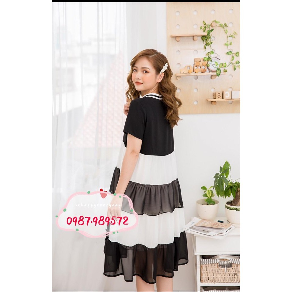 Váy bầu dáng suông VOAN LỤA  BABY DOLL phối đen trắng VTK22