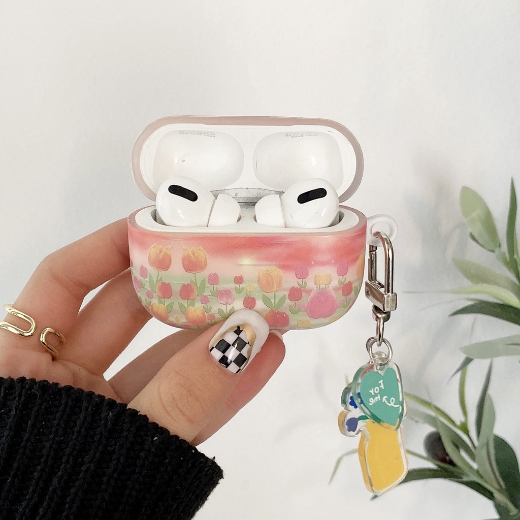 Vỏ bảo vệ hộp sạc tai nghe bluetooth không dây họa tiết hoa tulip thích hợp cho Apple Airpods 1/ 2/ 3 Pro
