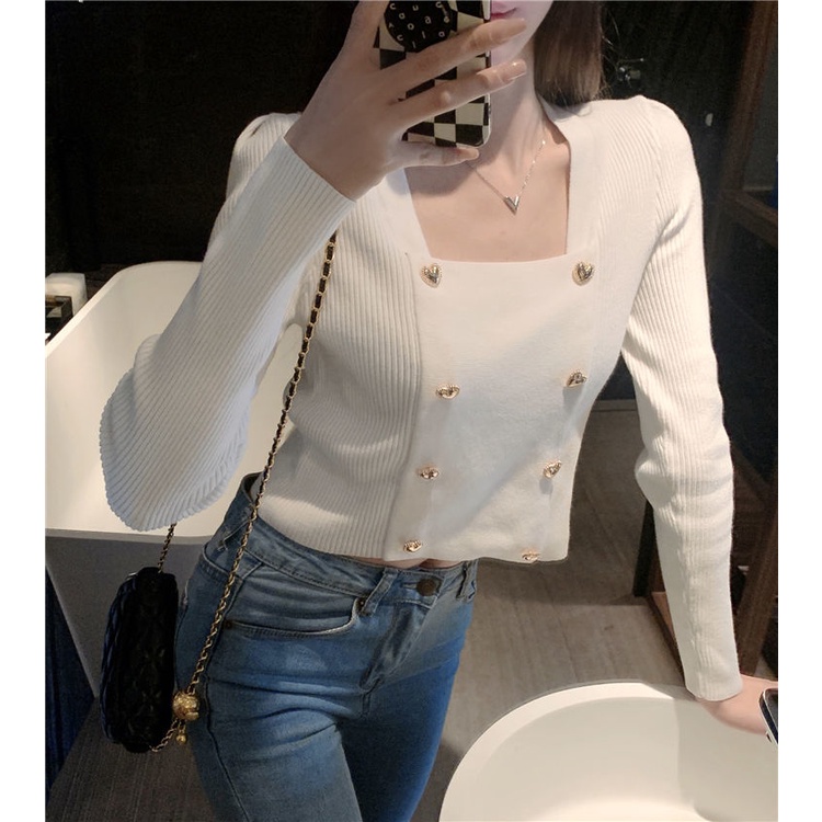Áo sweater Dệt Kim Tay Dài Cổ Vuông Hai Hàng Nút Thời Trang Thu Đông Hàn Quốc Cho Nữ
