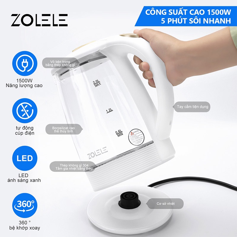 Bình đun siêu tốc  ZOLELE ZH101 dung tích lớn 2L-1500W - Hàng chính hãng