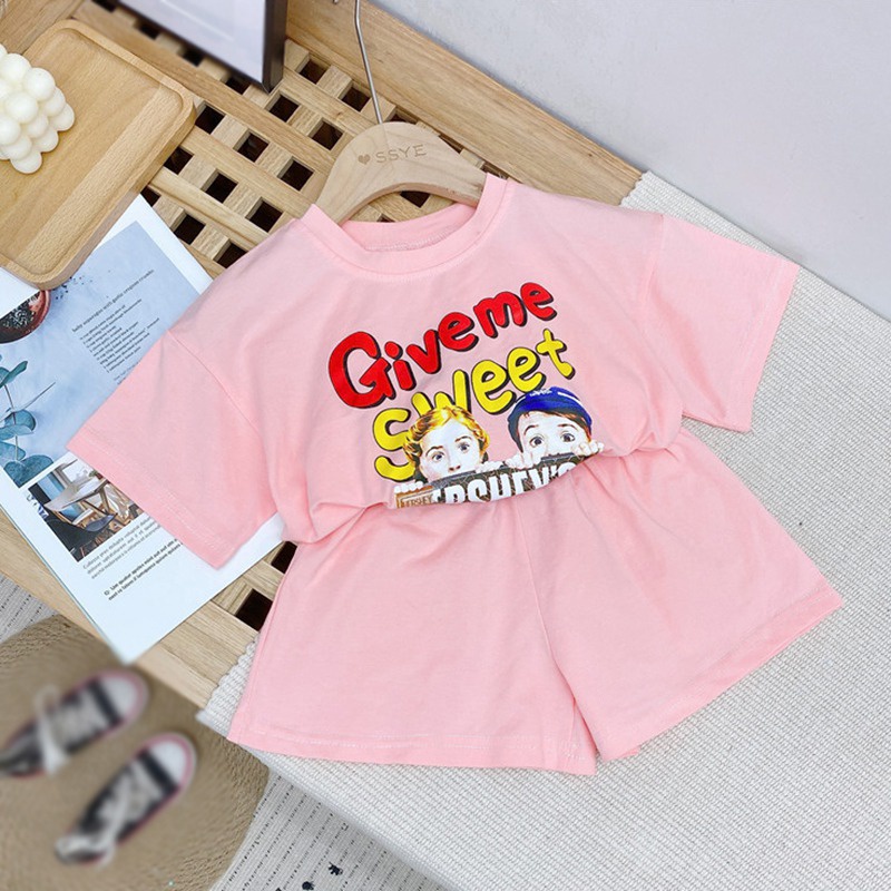 Set Áo Thun Ngắn Tay In Hoạt Hình Và Quần Yếm Phong Cách Hàn Quốc Cho Bé Gái