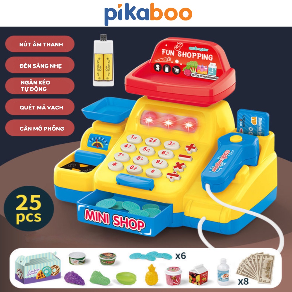 Đồ chơi máy tính tiền siêu thị cho bé Pikaboo có xe đẩy, tiền và hàng hóa cho bé hóa thân thành người