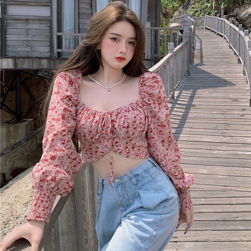 COZOK Áo Voan Hoa Tay Phồng Cổ Vuông Xinh Xắn Dành Cho Nữ