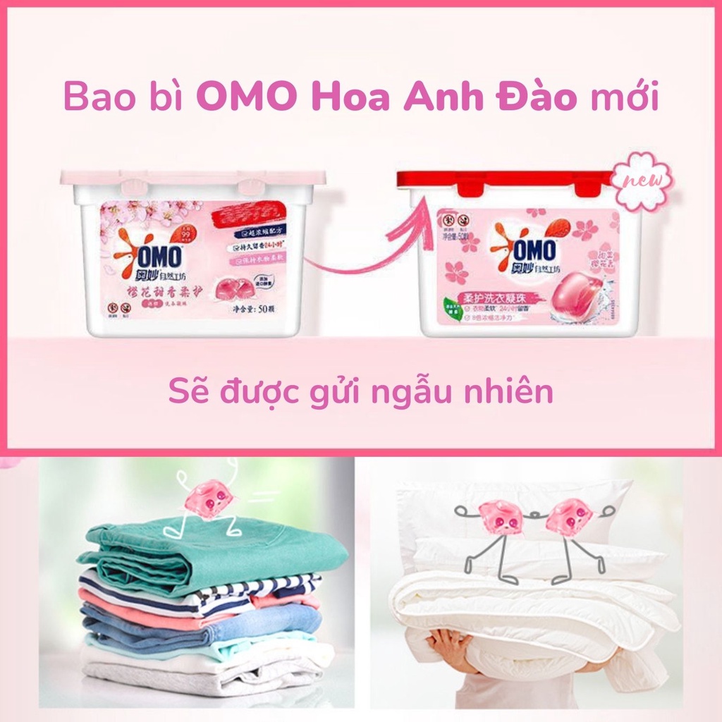 Viên nước giặt quần áo OMO hoa anh đào thơm lâu, nước giặt xả nước hoa hộp 50 viên