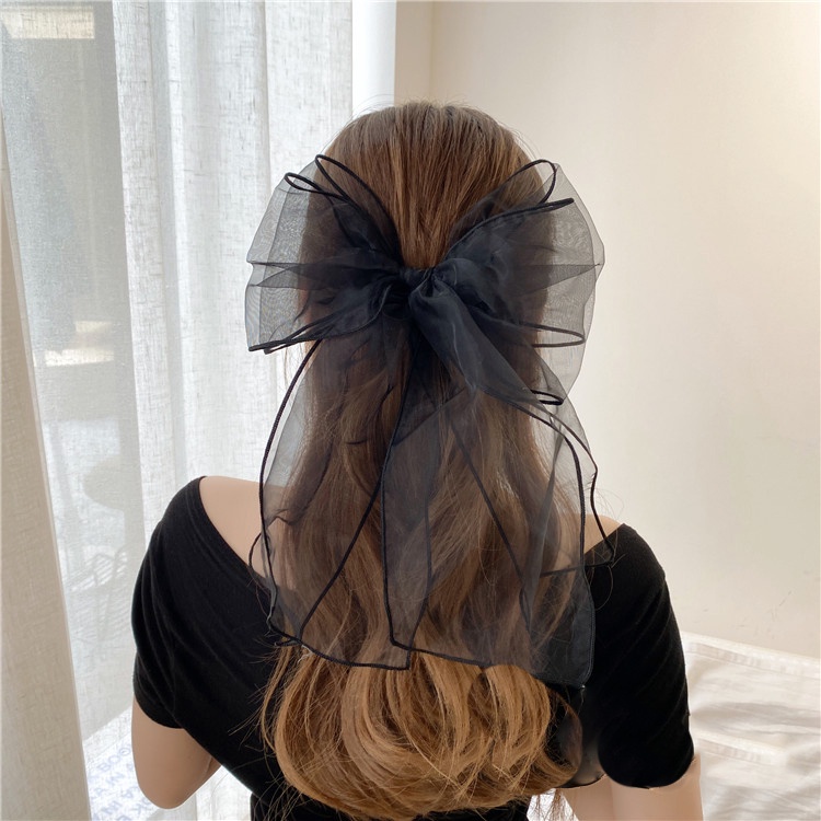 Kẹp tóc nơ HAIMEIKANG vải lưới hai lớp màu đen phong cách Hàn Quốc thời trang cho nữ