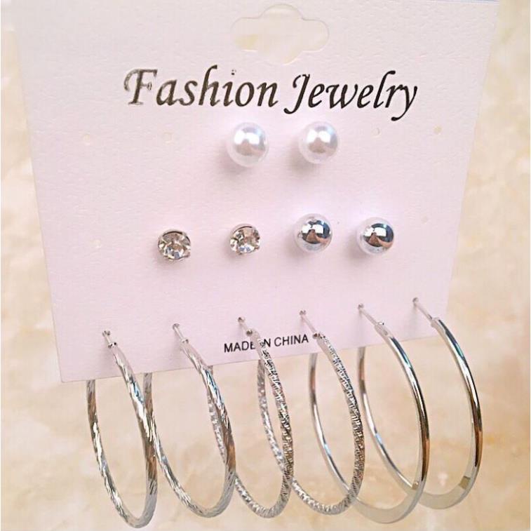 Set 06 đôi khuyên tai tròn đủ kích cỡ ánh vàng và ánh bạc i17