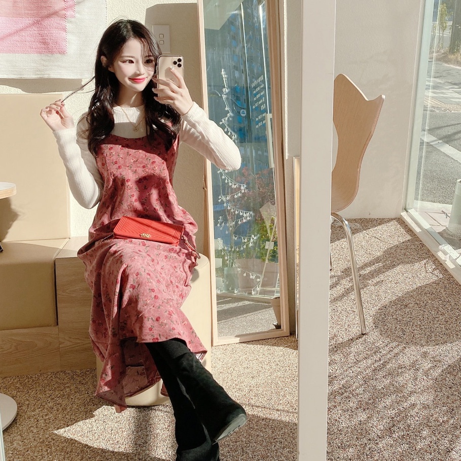 Áo thun màu trơn/ Đầm hai dây SUXI họa tiết hoa phong cách Hàn Quốc thời trang thanh lịch dành cho nữ