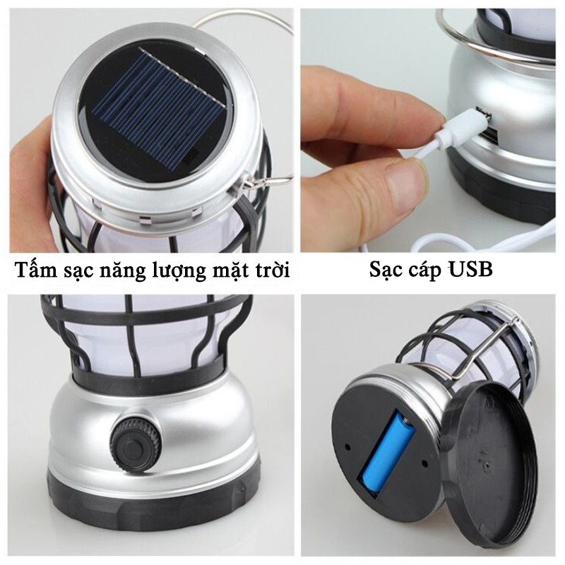 Đèn bão (đèn măng xông) 2 màu, đèn LED cắm trại, dã ngoại, đèn ngọn lửa năng lượng mặt trời