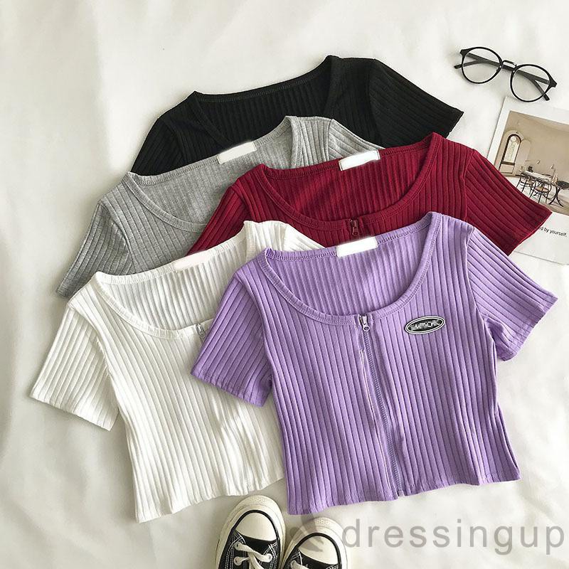 Áo Thun Tay Ngắn Có Khóa Kéo Thêu Chữ Quyến Rũ Dành Cho Nữ