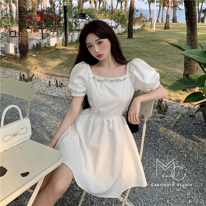 Váy/ Đầm thiết kế cổ vuông tay phồng phong cách Hàn Quốc Ulzzang cực xinh