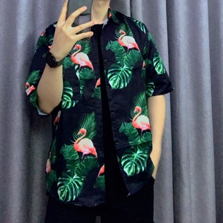 [CÓ SẴN - ẢNH THẬT] Sơ mi tay lỡ hoạ tiết hồng hạc unisex form rộng phong cách ulzzang Hàn Quốc
