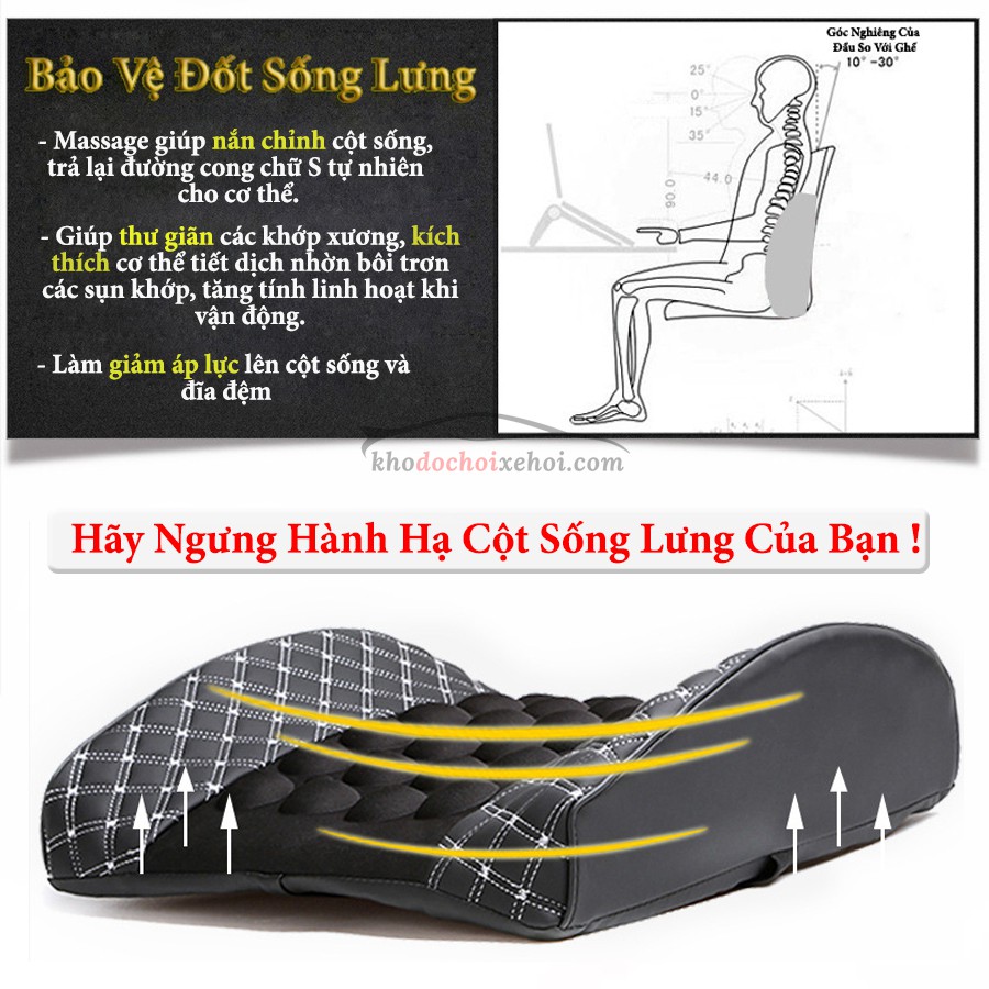 Tựa Lưng Massage Ô Tô - Cắm Điện Tẩu Nguồn 12V - 3 Chế Độ Rung - Thư giãn giảm đau mỏi lưng