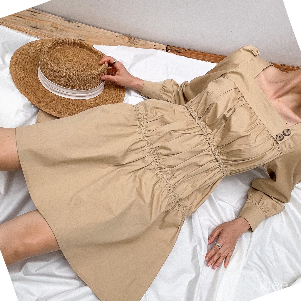 Đầm ngắn nữ idée nhún eo dáng xoè chữ A tay dài