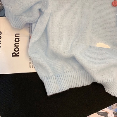 Áo Thun Dệt Kim Mỏng Ngắn Tay In Hình Quả Anh Đào Màu Xanh Dương Thời Trang Mùa Hè